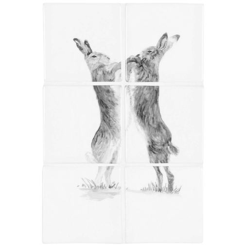 Boxing Hares Grey on Pure White